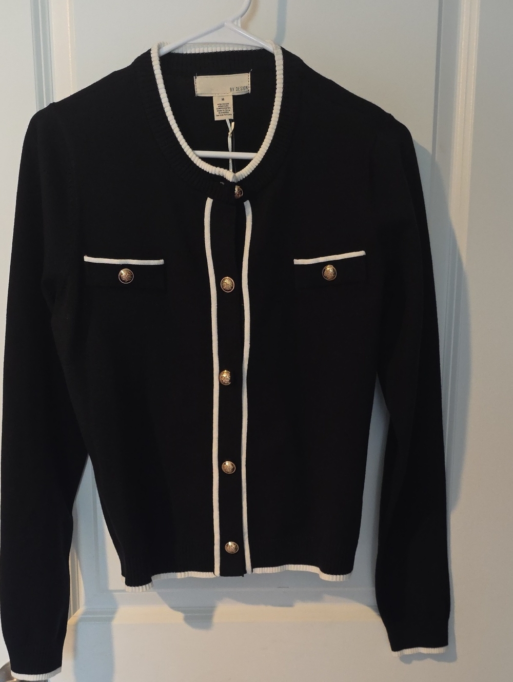 Love By Design Black Cardigan with White Trim and Gold Buttons